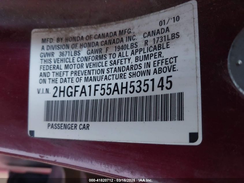 2010 Honda Civic Lx VIN: 2HGFA1F55AH535145 Lot: 41820712