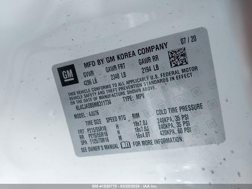 2021 BUICK ENCORE VIN: KL4CJASB5MB311734