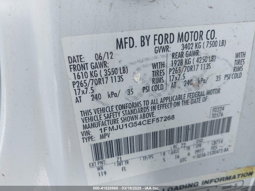 2012 Ford Expedition Xl VIN: 1FMJU1G54CEF57268 Lot: 41820860