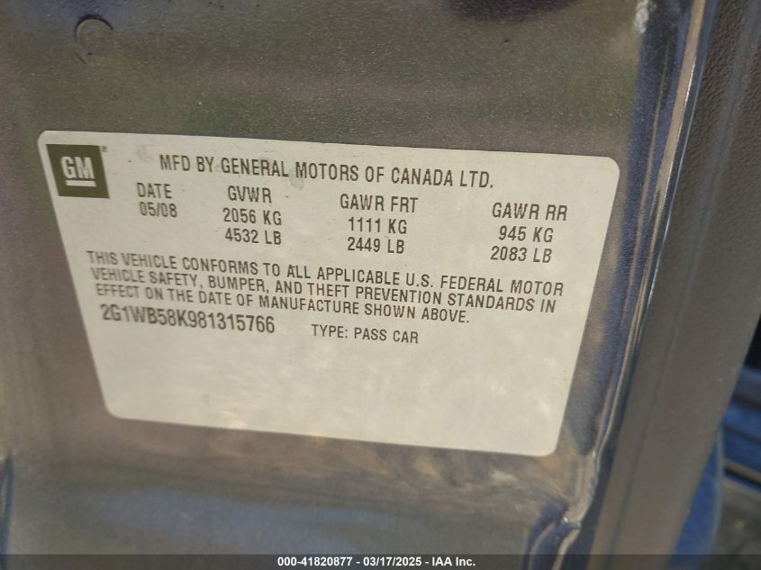 2008 Chevrolet Impala Ls VIN: 2G1WB58K981315766 Lot: 41820877