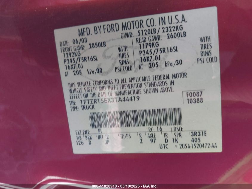 2003 Ford Ranger Xlt VIN: 1FTZR15EX3TA44419 Lot: 41820910