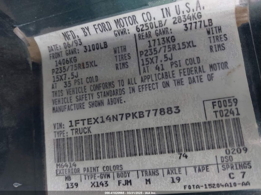 1993 Ford F150 VIN: 1FTEX14N7PKB77883 Lot: 41820965