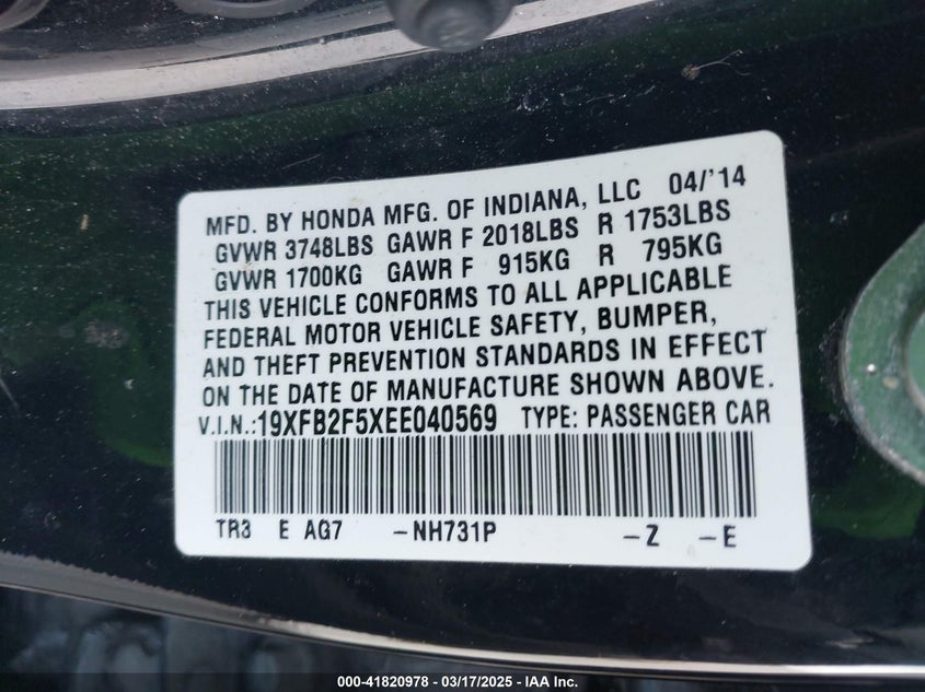 2014 HONDA CIVIC VIN: 19XFB2F5XEE040569