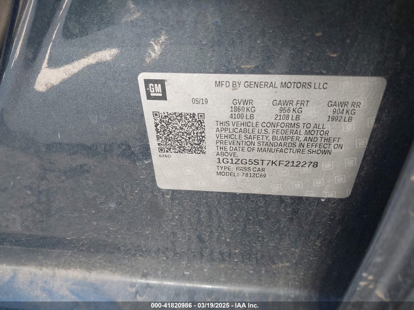 2019 CHEVROLET MALIBU VIN: 1G1ZG5ST7KF212278
