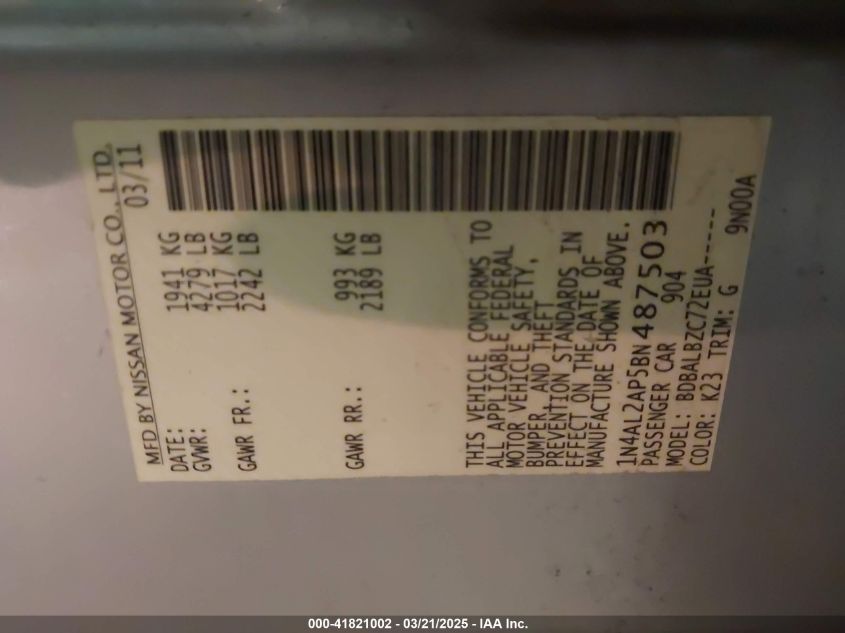 2011 Nissan Altima 2.5 S VIN: 1N4AL2AP5BN487503 Lot: 41821002