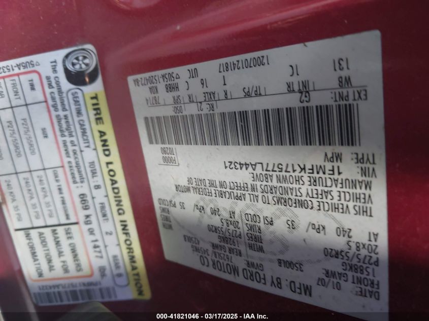 2007 Ford Expedition El Eddie Bauer VIN: 1FMFK17577LA44321 Lot: 41821046