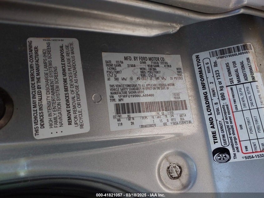 2006 Ford Expedition Limited VIN: 1FMFU19566LA69460 Lot: 41821057