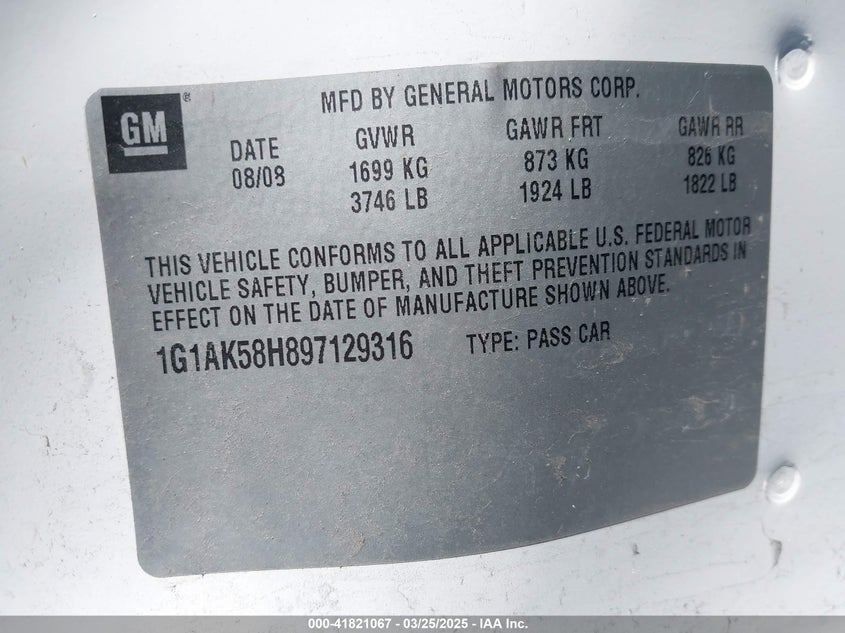2009 CHEVROLET COBALT VIN: 1G1AK58H897129316
