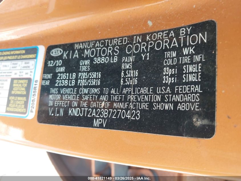 2011 Kia Soul + VIN: KNDJT2A23B7270423 Lot: 41821149