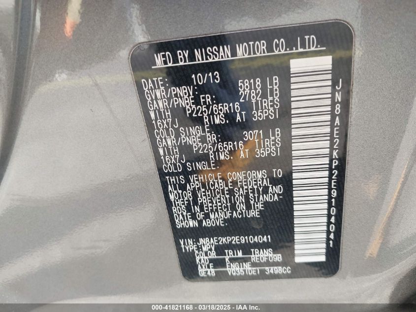 2014 Nissan Quest Sv VIN: JN8AE2KP2E9104041 Lot: 41821168