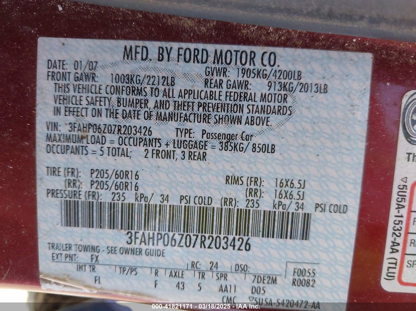2007 FORD FUSION VIN: 3FAHP06Z07R203426