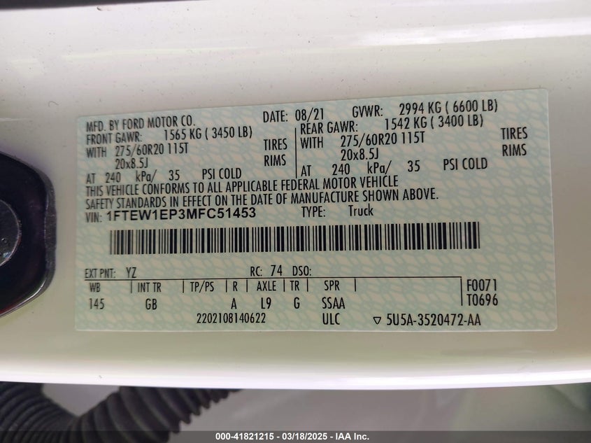2021 FORD F-150 VIN: 1FTEW1EP3MFC51453