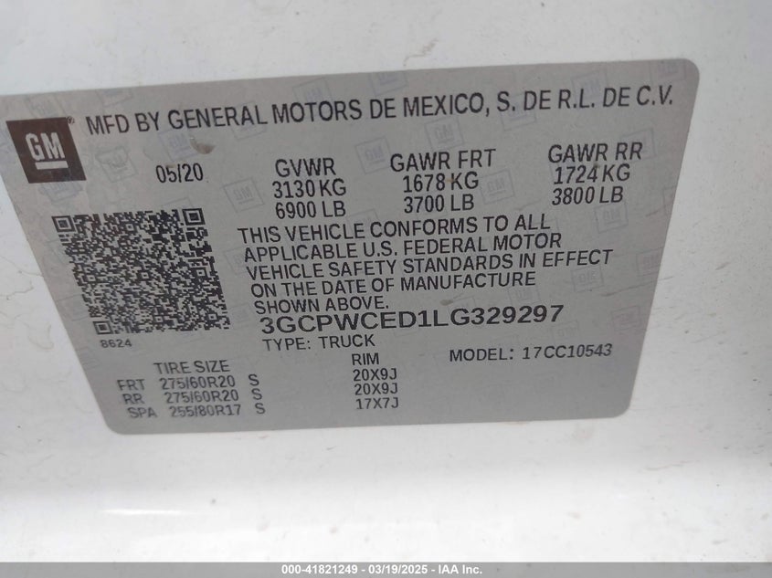 2020 CHEVROLET SILVERADO VIN: 3GCPWCED1LG329297