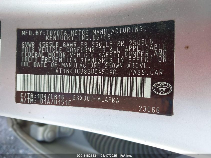 2005 Toyota Avalon Limited VIN: 4T1BK36B85U045048 Lot: 41821331