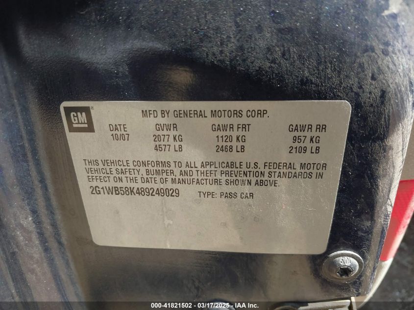 2008 Chevrolet Impala Ls VIN: 2G1WB58K489249029 Lot: 41821502
