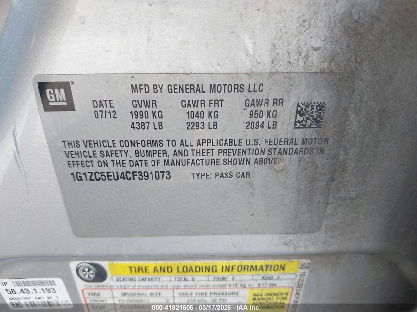 2012 CHEVROLET MALIBU VIN: 1G1ZC5EU4CF391073