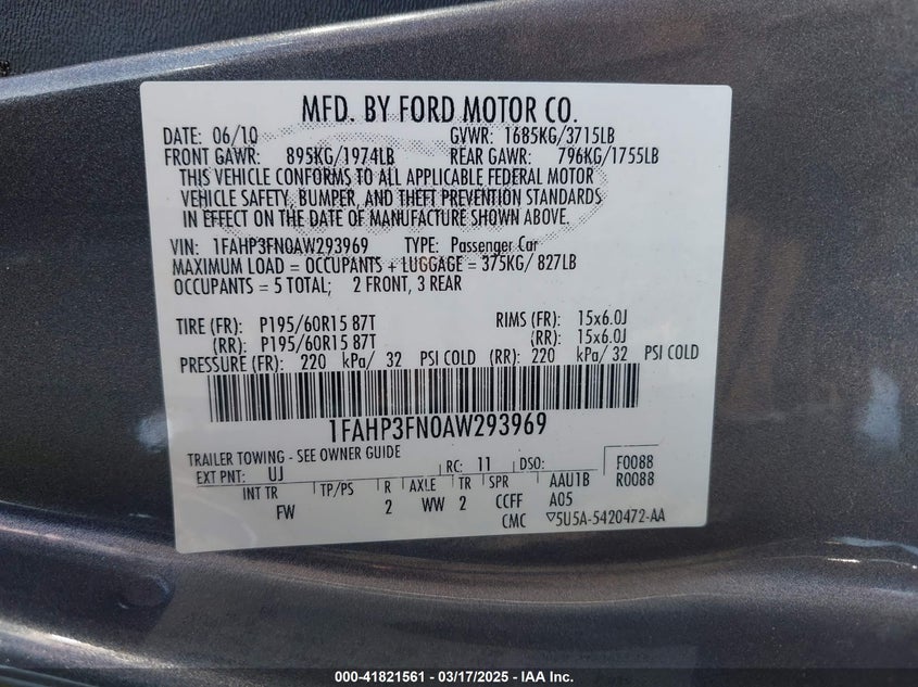 2010 FORD FOCUS VIN: 1FAHP3FN0AW293969