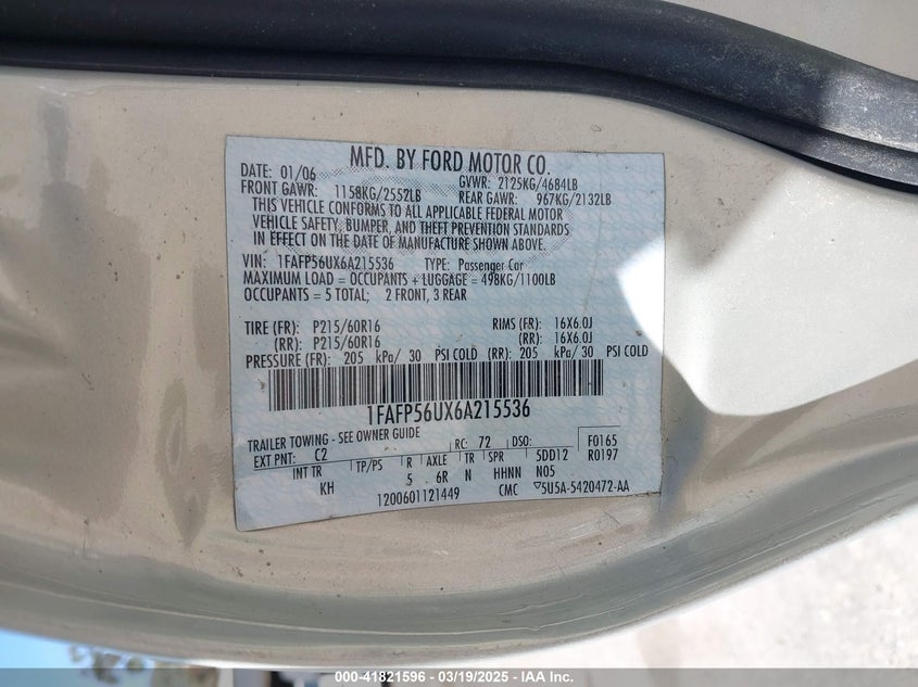 2006 FORD TAURUS VIN: 1FAFP56UX6A215536