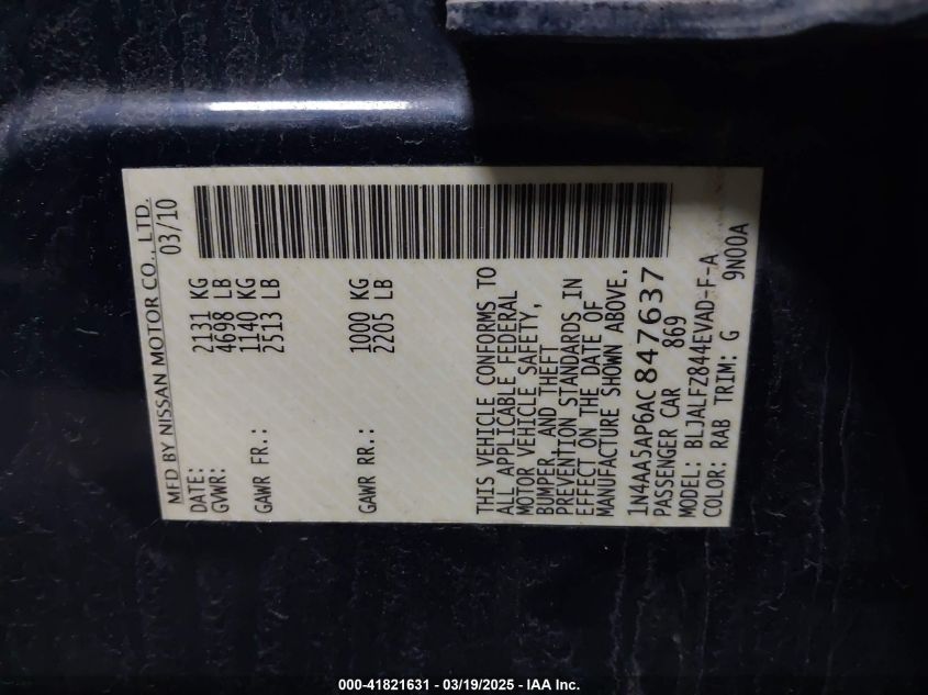 2010 Nissan Maxima 3.5 Sv VIN: 1N4AA5AP6AC847637 Lot: 41821631