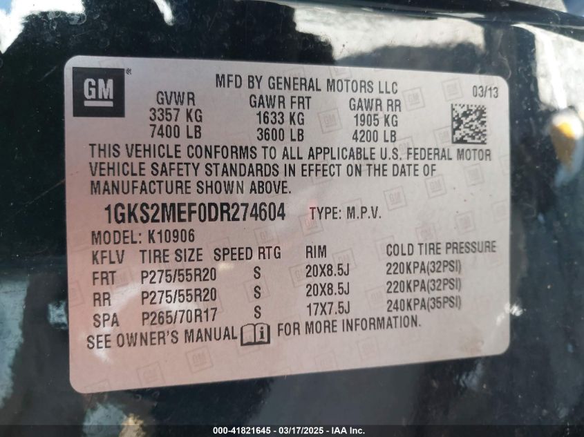 2013 GMC Yukon Xl 1500 Denali VIN: 1GKS2MEF0DR274604 Lot: 41821645