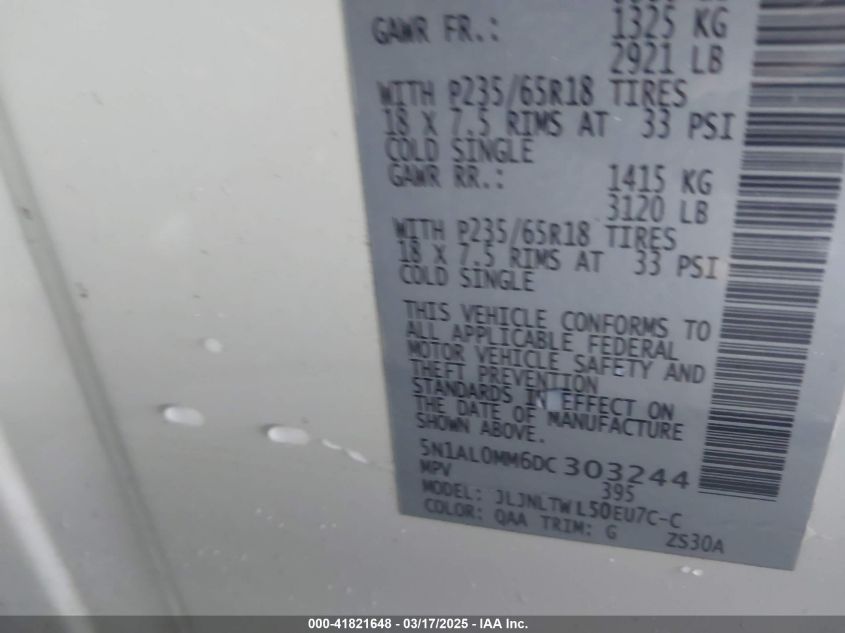 2013 Infiniti Jx35 VIN: 5N1AL0MM6DC303244 Lot: 41821648