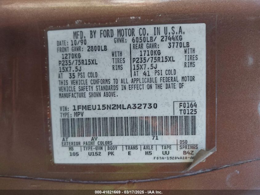 1991 Ford Bronco U100 VIN: 1FMEU15N2MLA32730 Lot: 41821669