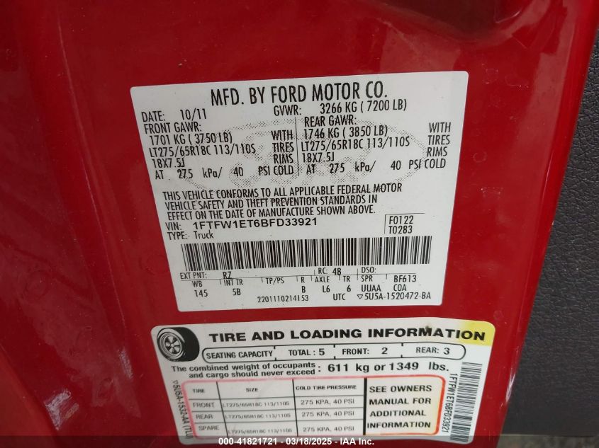 2011 Ford F-150 Fx4 VIN: 1FTFW1ET6BFD33921 Lot: 41821721