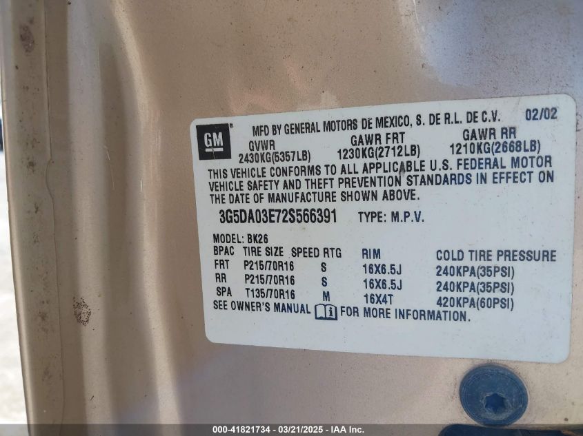 2002 Buick Rendezvous Cx VIN: 3G5DA03E72S566391 Lot: 41821734