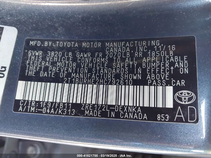 2017 Toyota Corolla Le VIN: 2T1BURHE2HC792610 Lot: 41821755