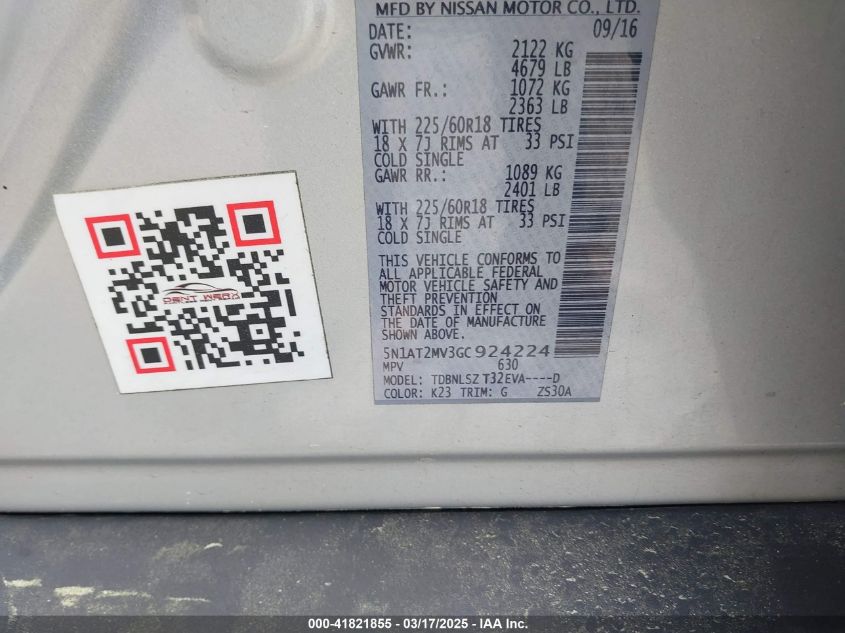 Auction sale of the 2016 NISSAN ROGUE , vin: 5N1AT2MV3GC924224, lot number: 41821855