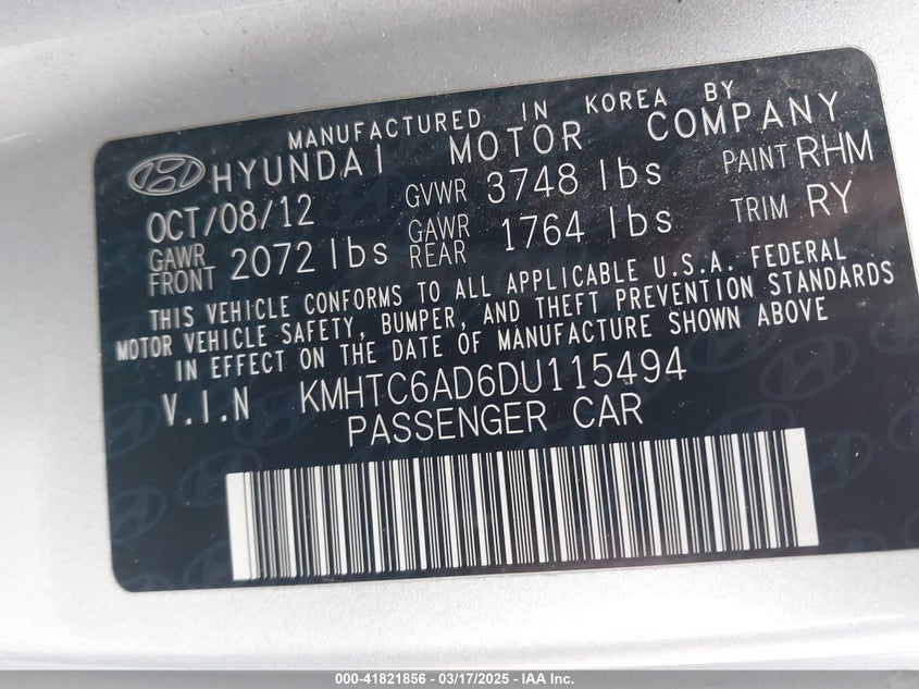 2013 HYUNDAI VELOSTER VIN: KMHTC6AD6DU115494