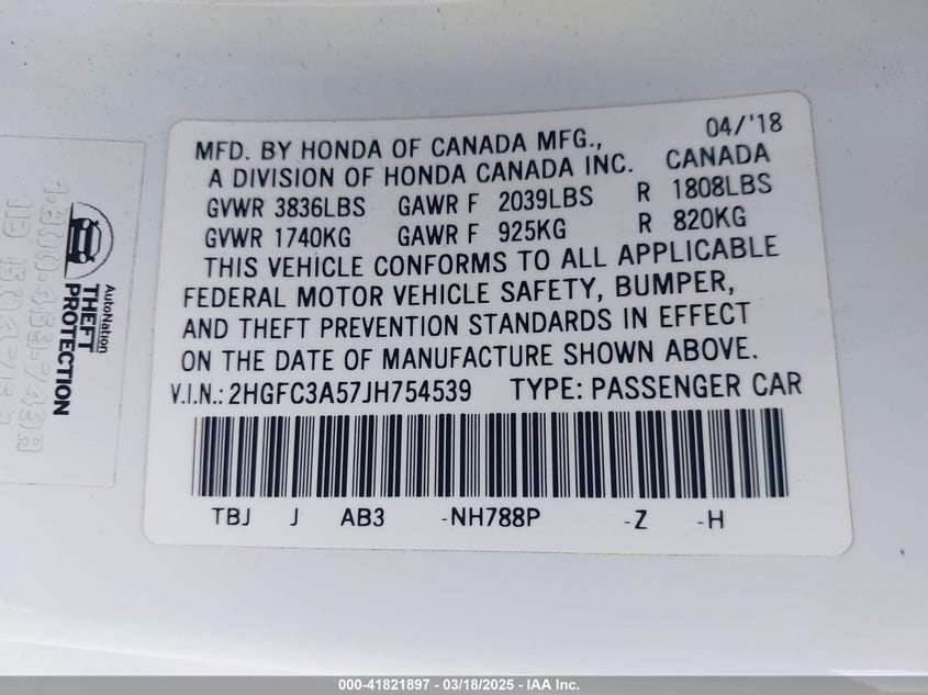 2018 HONDA CIVIC VIN: 2HGFC3A57JH754539