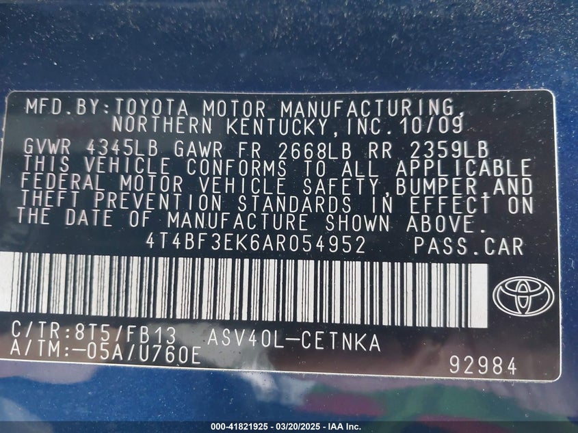 2010 TOYOTA CAMRY VIN: 4T4BF3EK6AR054952