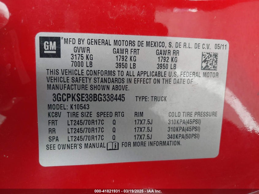 2011 CHEVROLET SILVERADO 1500 VIN: 3GCPKSE38BG338445