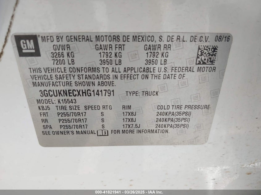 2017 CHEVROLET SILVERADO 1500 VIN: 3GCUKNECXHG141791