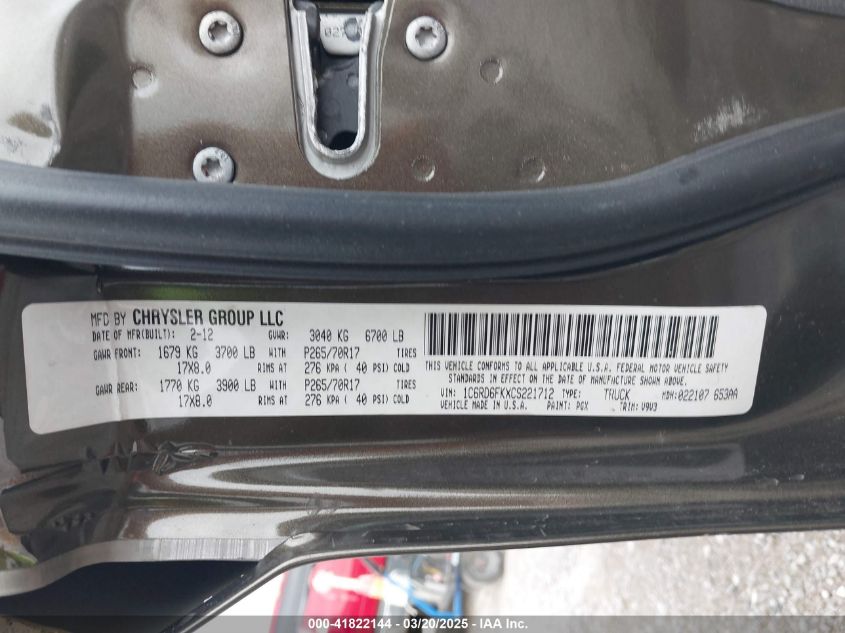 2012 Ram 1500 St VIN: 1C6RD6FKXCS221712 Lot: 41822144