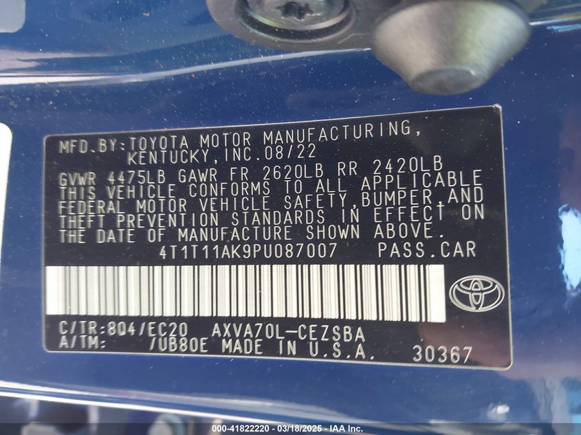 2023 TOYOTA CAMRY VIN: 4T1T11AK9PU087007