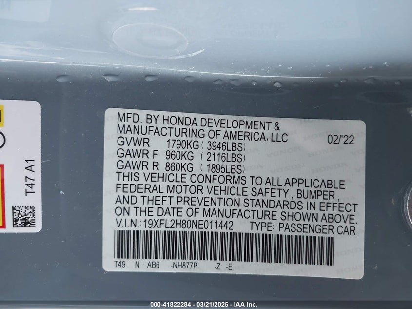 2022 HONDA CIVIC VIN: 19XFL2H80NE011442