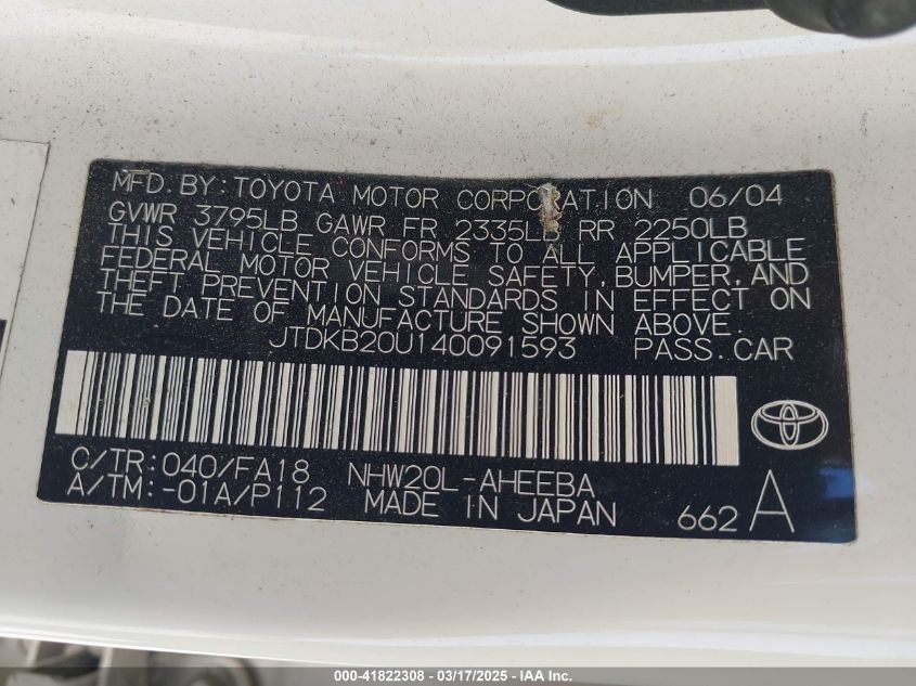 2004 Toyota Prius VIN: JTDKB20U140091593 Lot: 41822308