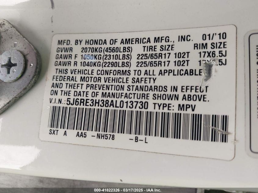 2010 Honda Cr-V Lx VIN: 5J6RE3H38AL013730 Lot: 41822326