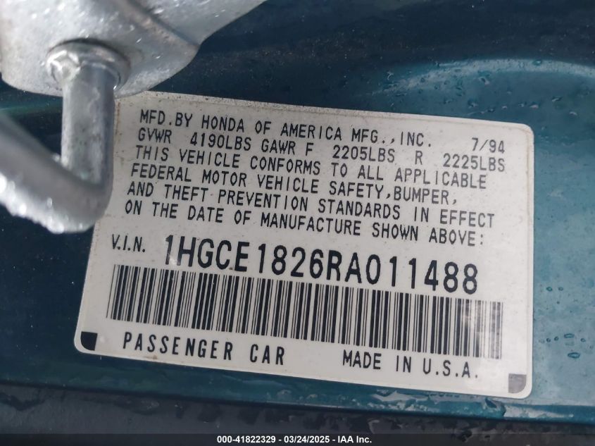 1994 Honda Accord Lx/Ex VIN: 1HGCE1826RA011488 Lot: 41822329
