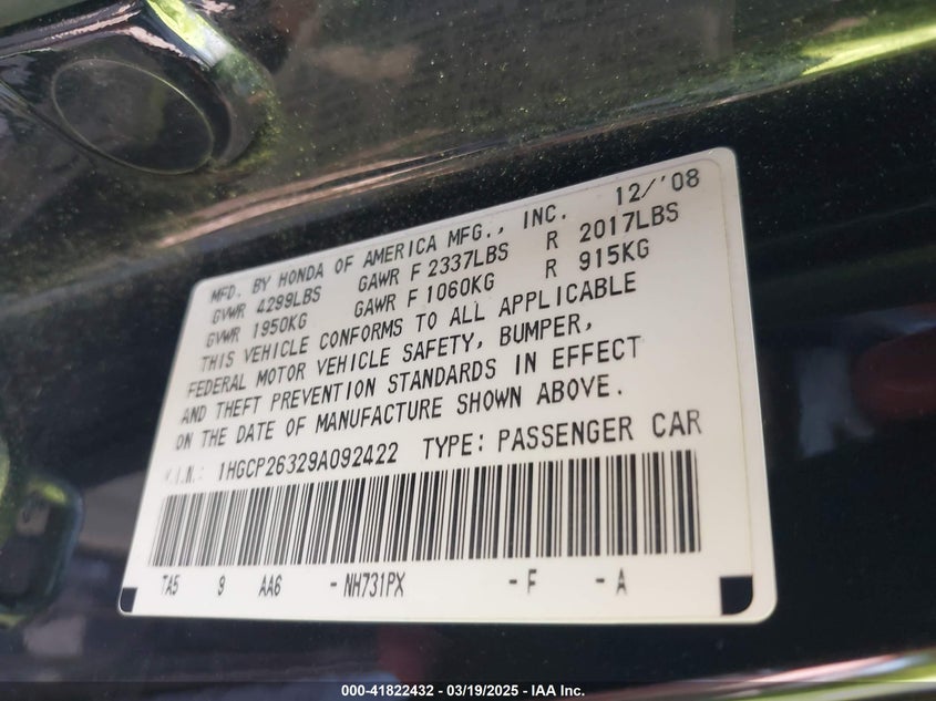 2009 HONDA ACCORD VIN: 1HGCP26329A092422