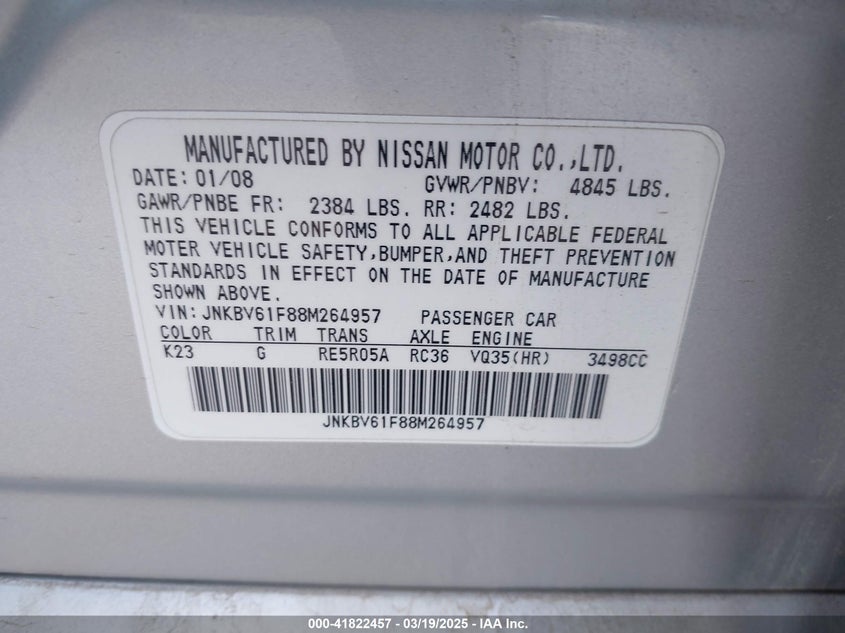 2008 INFINITI G35X VIN: JNKBV61F88M264957