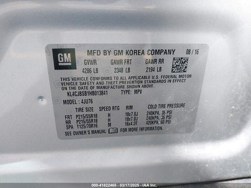 2017 Buick Encore VIN: KL4CJBSB1HB013841 Lot: 41822465