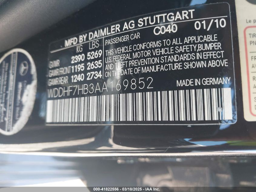 2010 Mercedes-Benz E 63 Amg VIN: WDDHF7HB3AA169852 Lot: 41822556