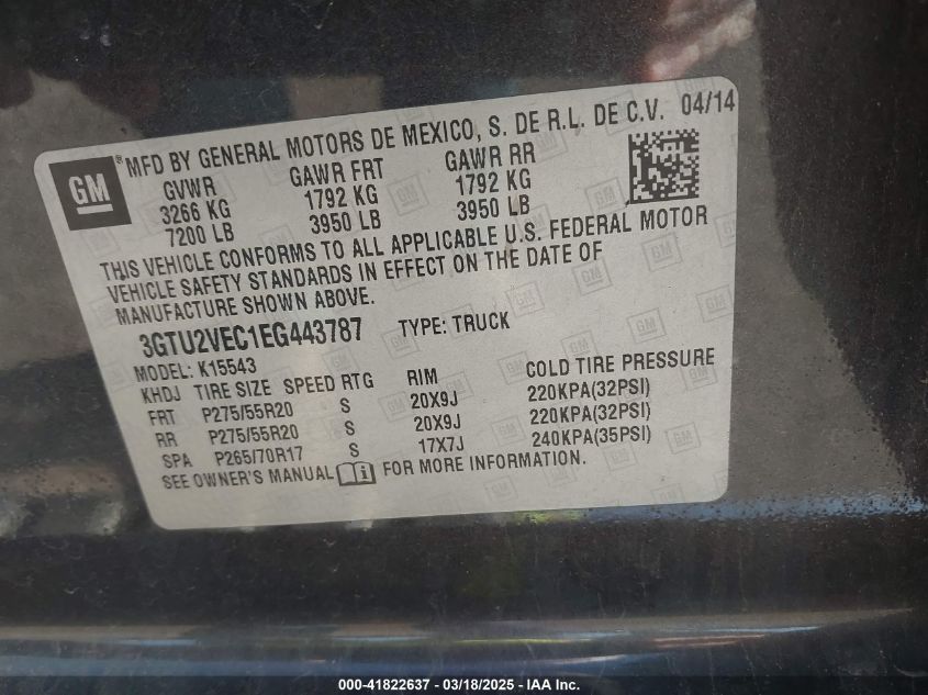 2014 GMC Sierra 1500 Slt VIN: 3GTU2VEC1EG443787 Lot: 41822637
