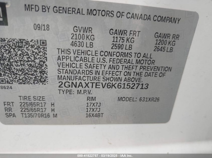 2019 Chevrolet Equinox Lt VIN: 2GNAXTEV6K6152713 Lot: 41822757