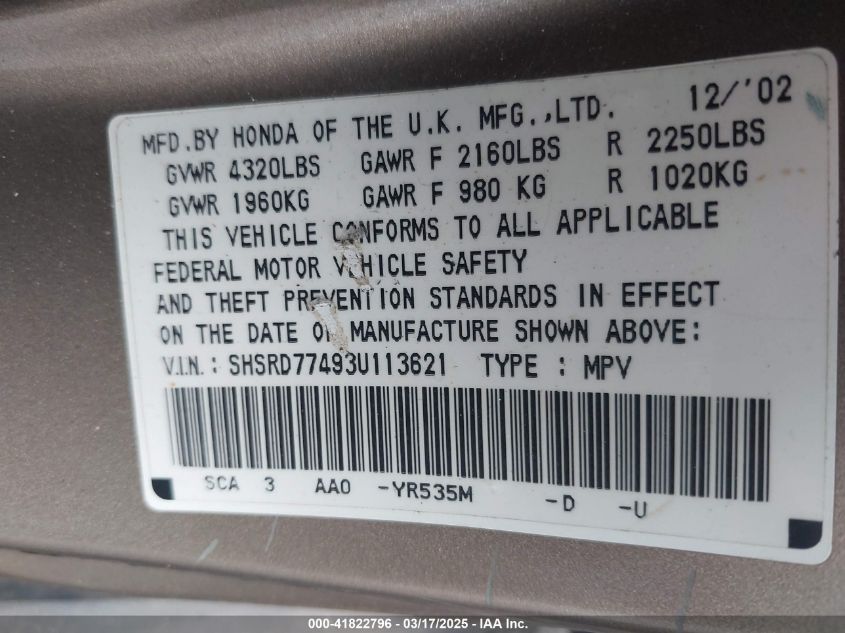 2003 Honda Cr-V Lx VIN: SHSRD77493U113621 Lot: 41822796