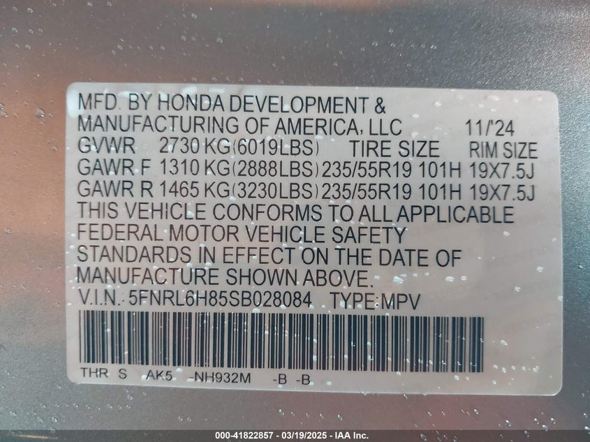 2025 HONDA ODYSSEY TOURING - 5FNRL6H85SB028084