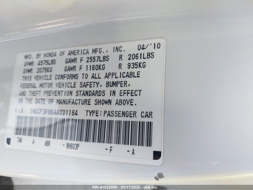 2010 HONDA ACCORD VIN: 1HGCP3F86AA021164